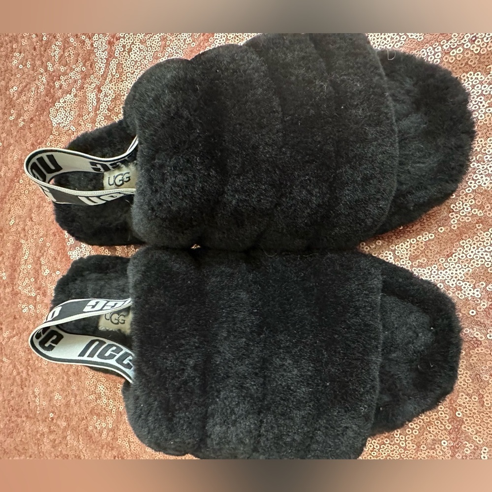 UGG Women's Fluff Yeah Black Fleece Sherpa Sz 8 EU 38 Platform Slingback Slipper
